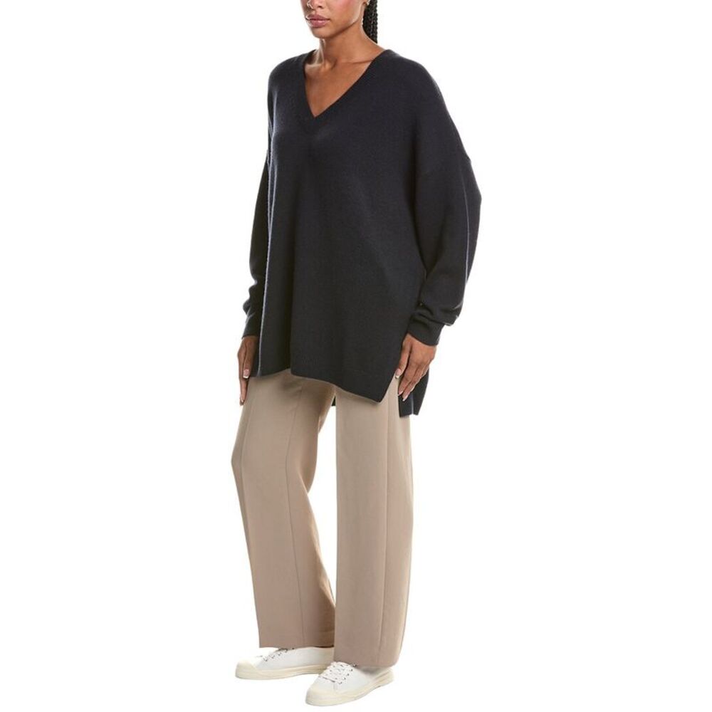 N.Peal Womens Oversized V-Neck 100% Cashmere Sweater, Navy